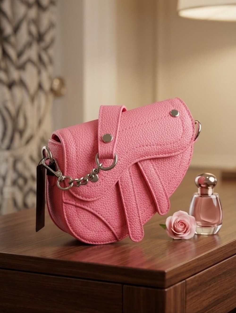 Bubblegum Pink Pebbled Leather Saddle Crossbody Bag with Chain Detail